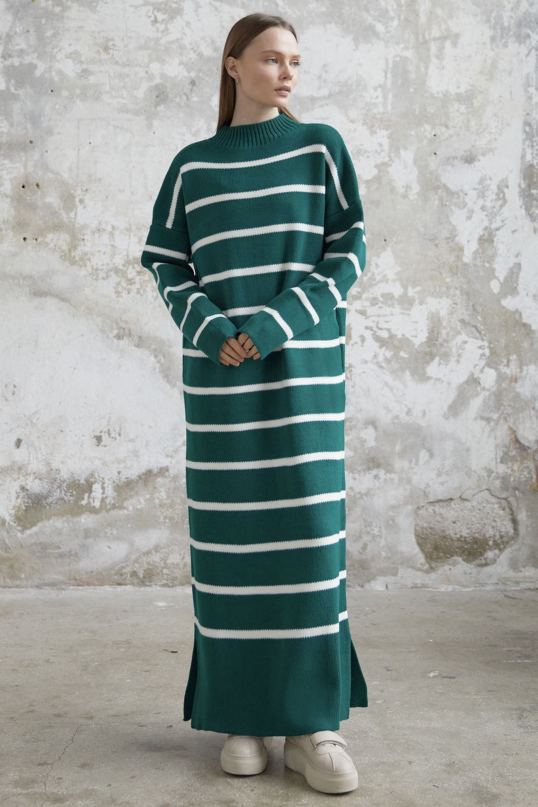 MDS Women Striped Knit Dress - Emerald Green - North Bethesda