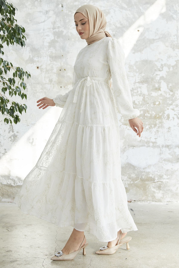 MDS Women Chiffon Dress with Flower Pattern Embroidery - White - Coevorden