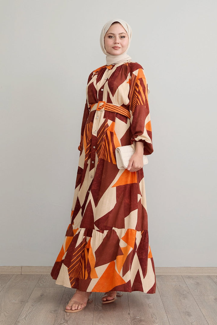 MDS Women Geometric Patterned Belted Brick Red Viscose Dress - Bellevue