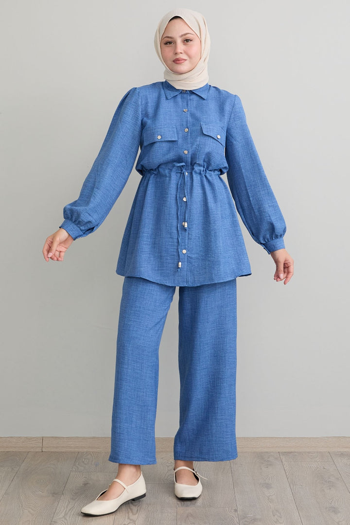 MDS Women Tunnel Arched Blue Linen Suit - Hutchinson