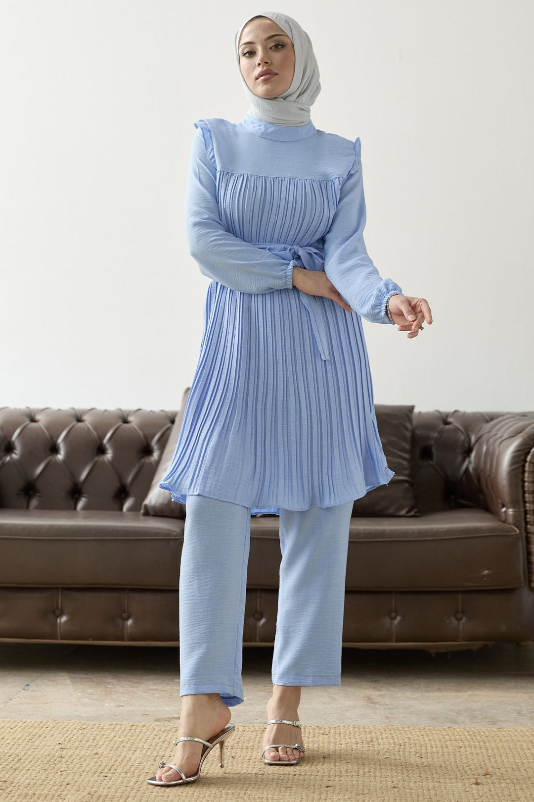 MDS Women Front Pleated Ruffle Detail Set - Baby Blue - Évry