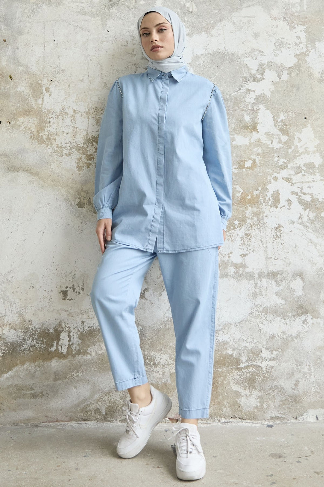 MDS Women Stone Washed Denim Two Piece Set - Light Blue - Steyr