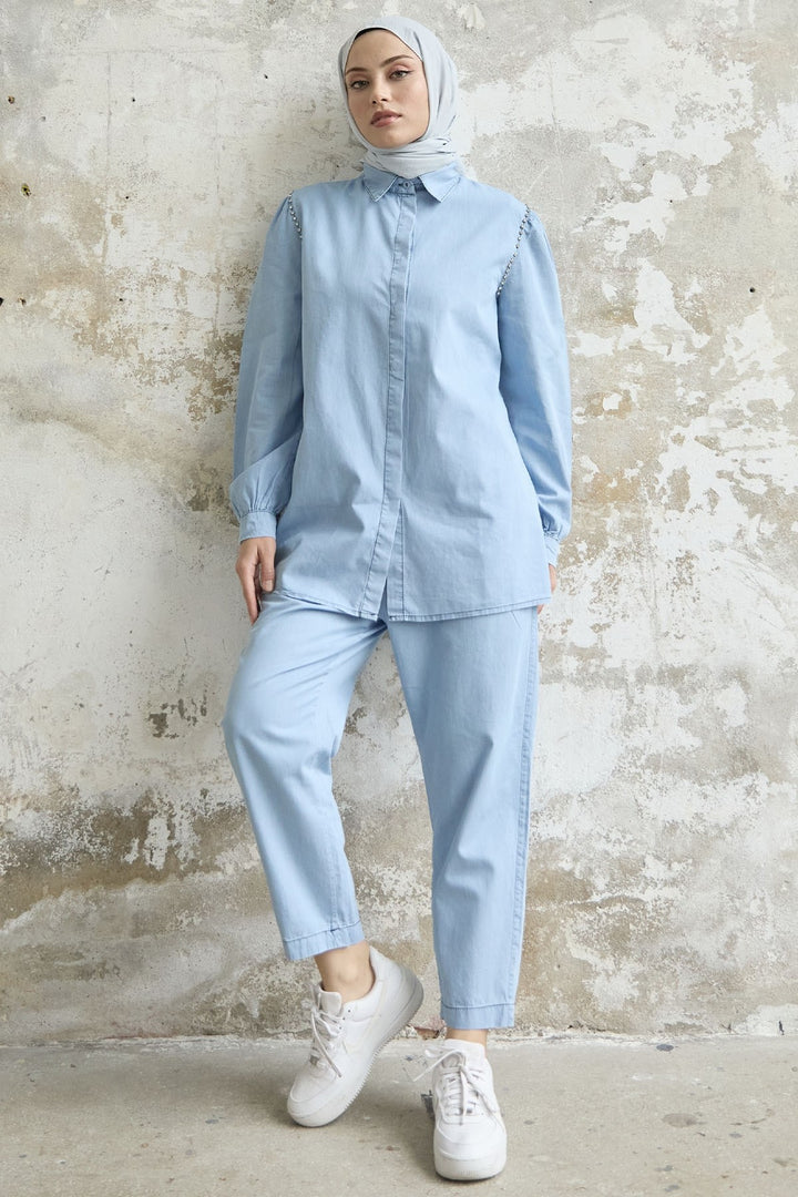 MDS Women Stone Washed Denim Two Piece Set - Light Blue - Steyr