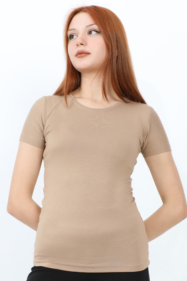 MDS Women Bicycle Collar Short Sleeve Basic T-Shirt - Beige - Ansbach