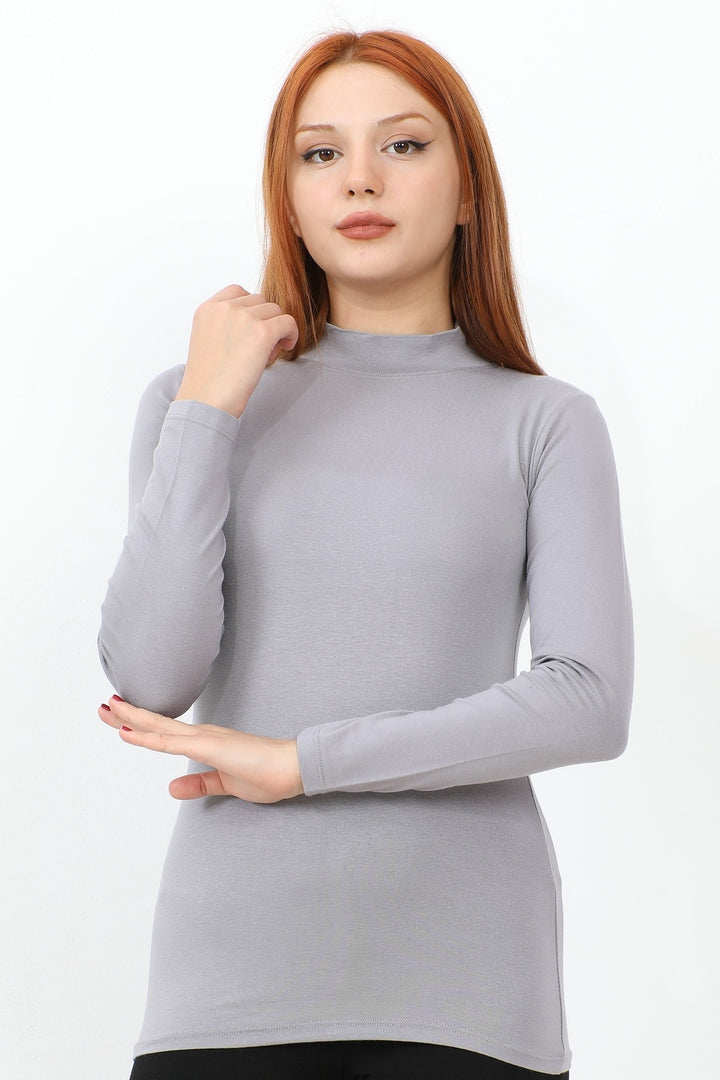 MDS Women Long Sleeve Fisherman Collar Basic Bodysuit - Grey - Wentzville