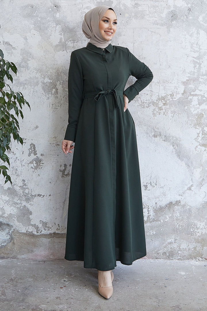 MDS Women Emery Belted Shirt Collar Abaya - Khaki - Geldern