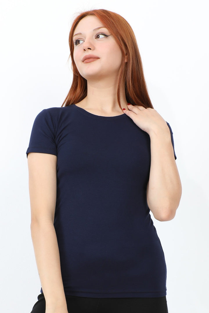 MDS Women Bicycle Collar Short Sleeve Basic T-Shirt - Navy - Stamford