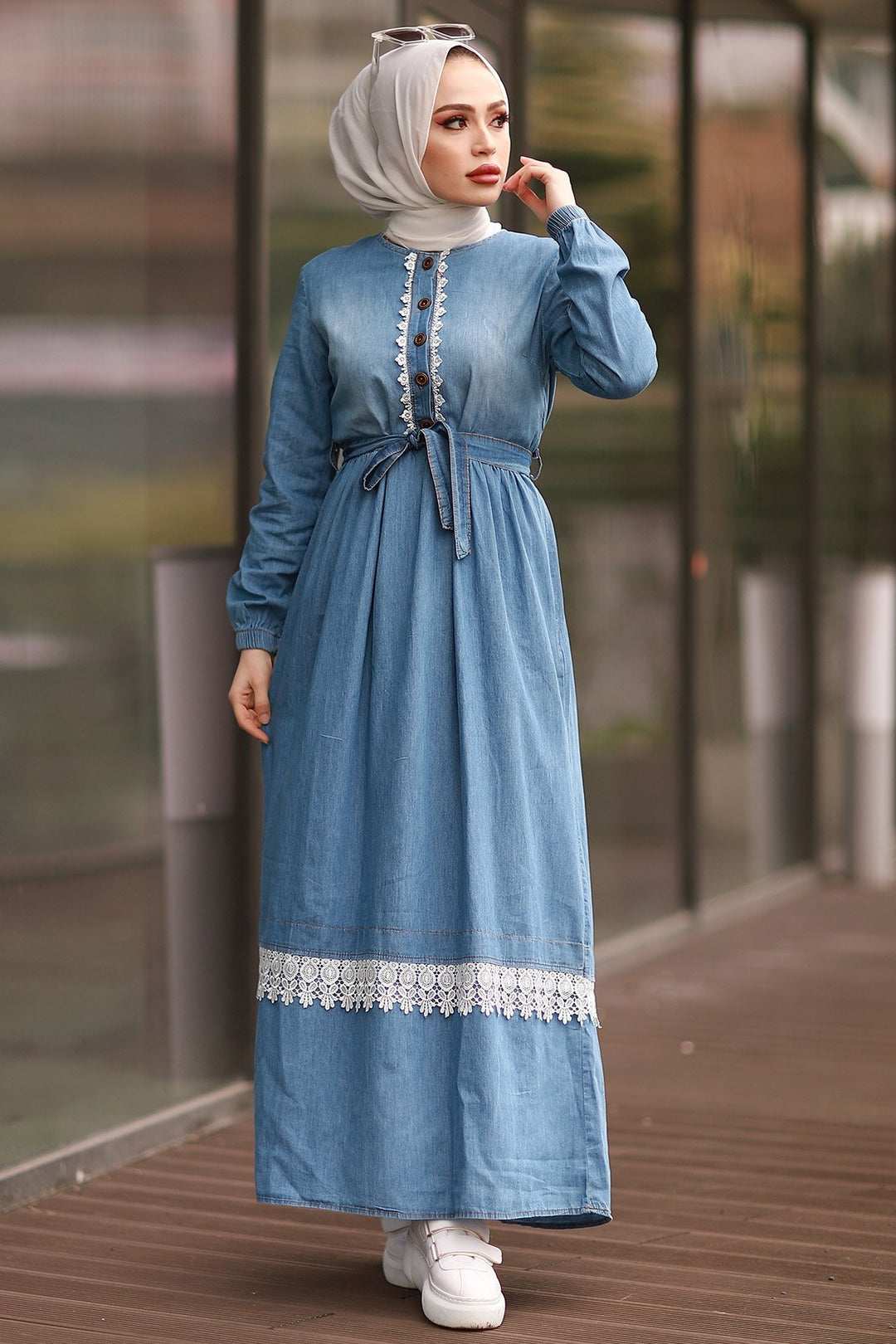 MDS Women Lace Detailed Denim Dress - Light Blue - Lawrence