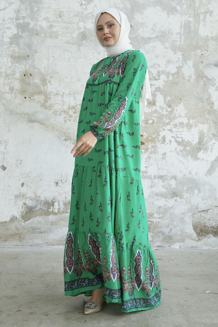 MDS Women Viscose Dress with Tied Collar Pattern - Green - Wiener Neustadt