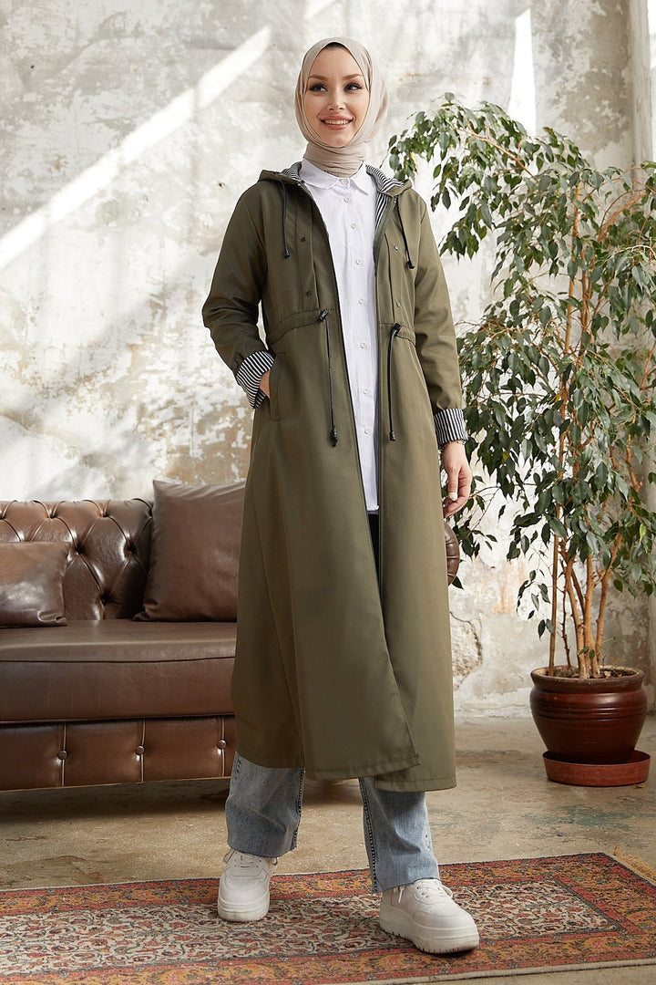 MDS Women Checked Striped Pattern Long Trench Coat - Khaki - Newnan