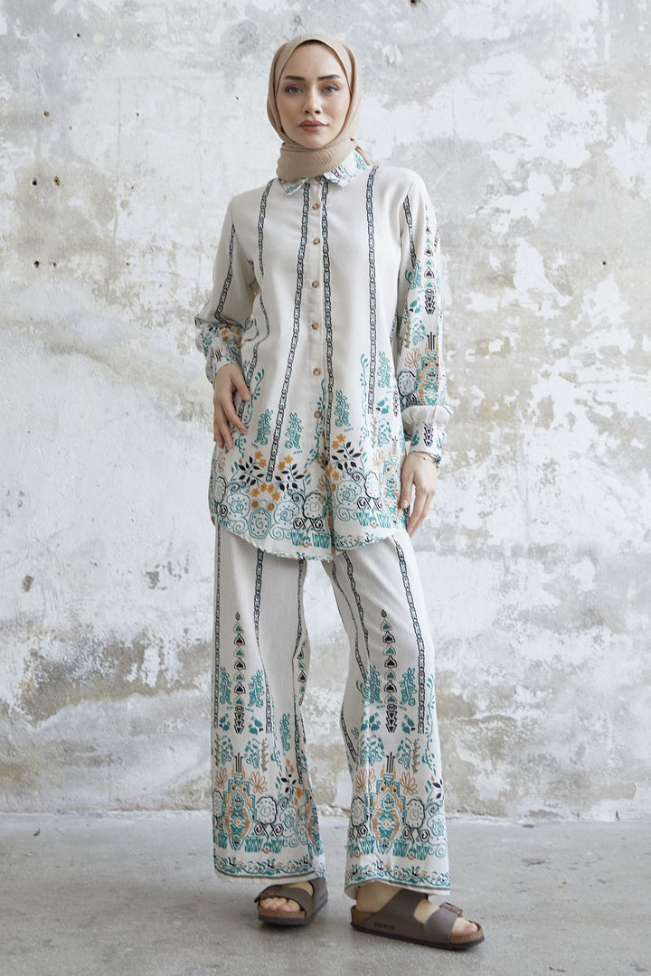 MDS Women Patterned Linen Two-Piece Set - Green - Tamiami