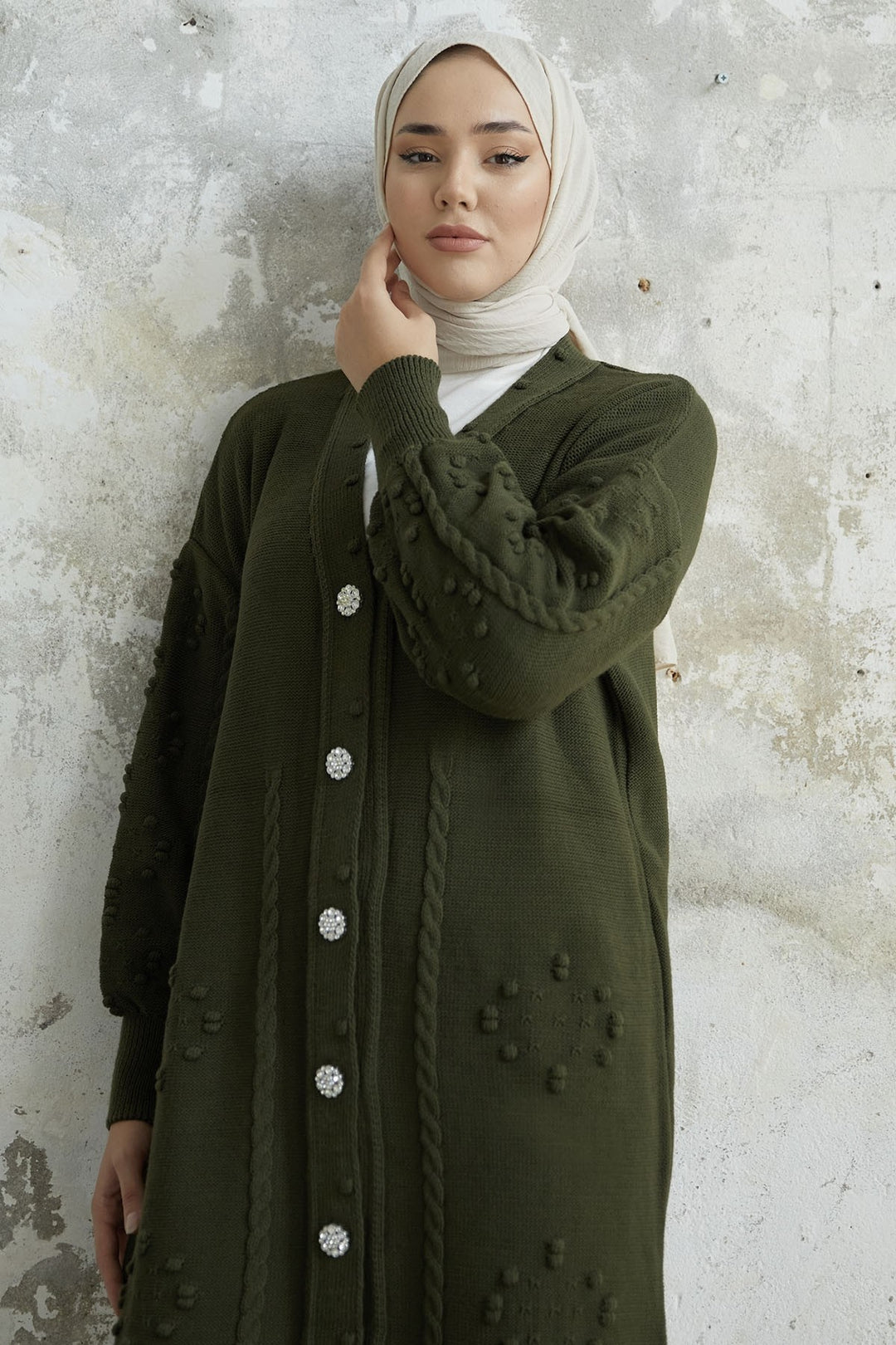 MDS Women Lomira Stone Button Detailed Knit Cardigan - Khaki - Elmhurst