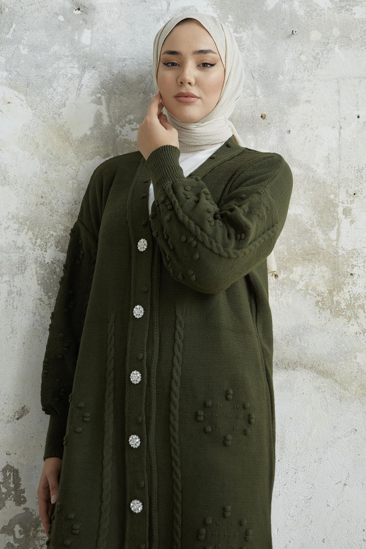 MDS Women Lomira Stone Button Detailed Knit Cardigan - Khaki - Elmhurst