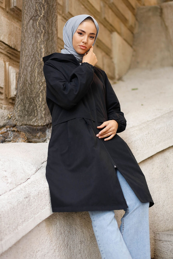 MDS Women Pile Detail Hooded Zippered Jacket - Black - Valle Hermoso