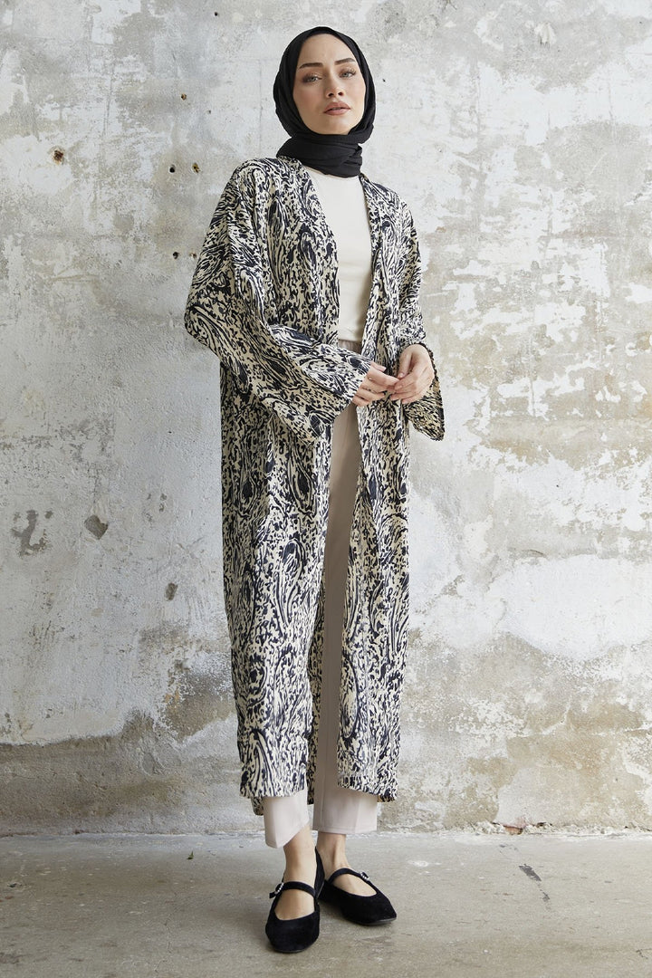 MDS Women Spiral Patterned Long Kimono - Black - Witten