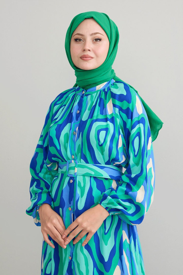 MDS Women Green Viscose Dress with Oval Striped Belt - Rochester Hills