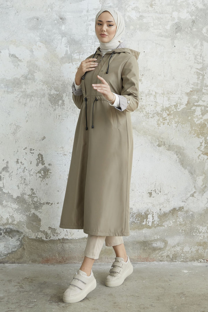 MDS Women Checked Striped Pattern Long Trench Coat - Beige - Middletown