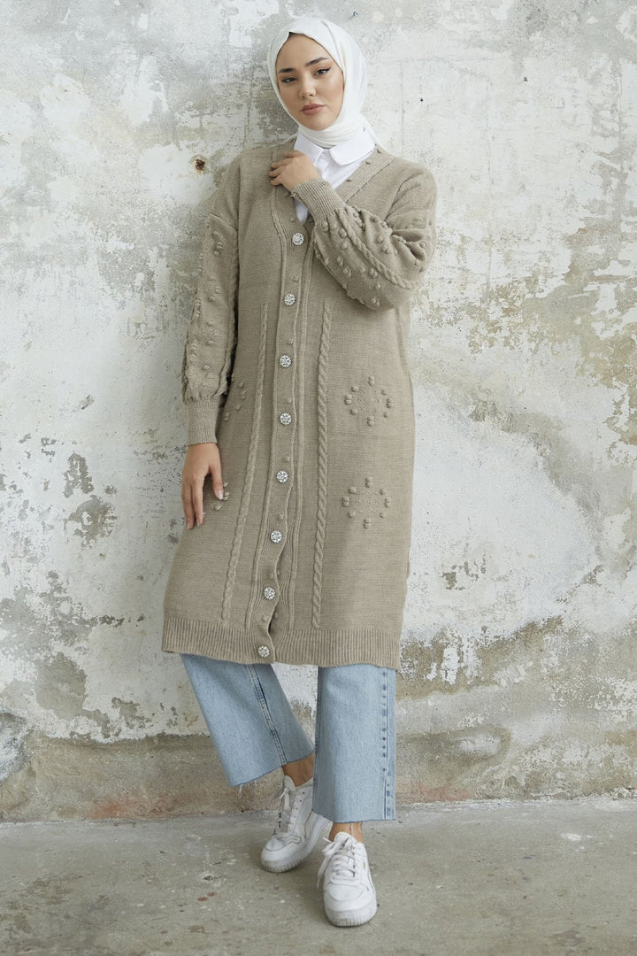 MDS Women Lomira Stone Button Detailed Knit Cardigan - Beige - Holubivske