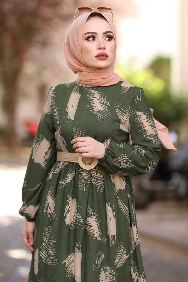 MDS Women Brush Pattern Belted Dress - Khaki - Abrantes