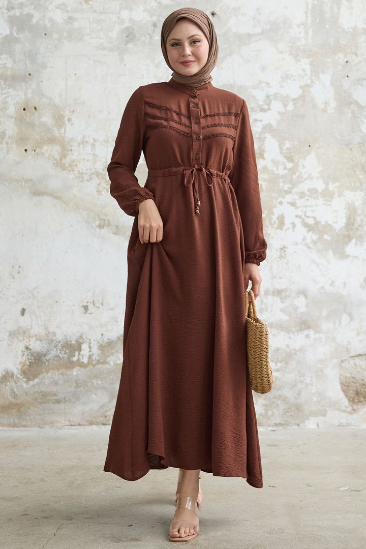 MDS Women Guipure Detail Dark Brown A-line Dress - Rio Tinto