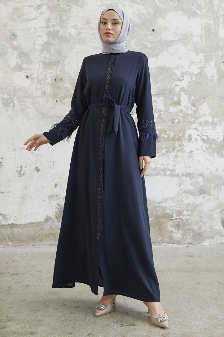 MDS Women Sleeve Tip Feather Detail Stoned Abaya - Navy Blue - Massy