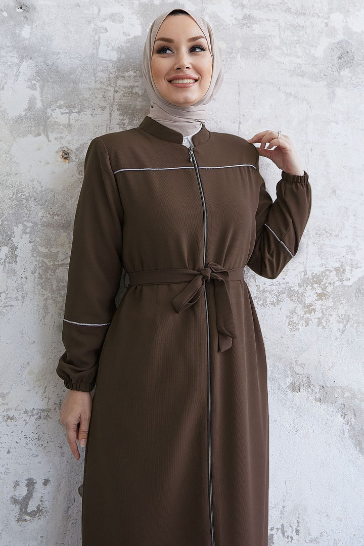MDS Women Milena Embroidered Detail Belted Abaya - Brown - Monrovia