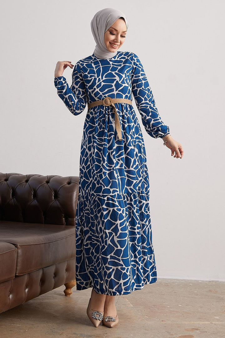 MDS Women Else Stone Patterned Straw Belted Dress - Indigo - Chur