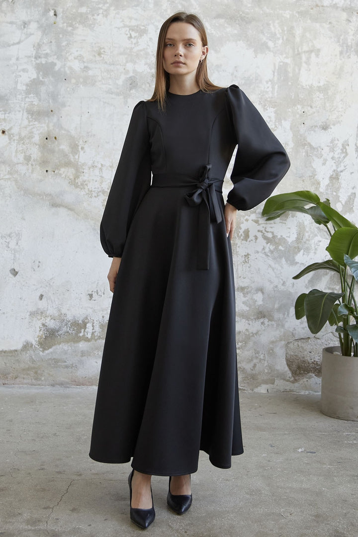 MDS Women Balloon Sleeve Belted Scuba Dress - Black - Moortebeek