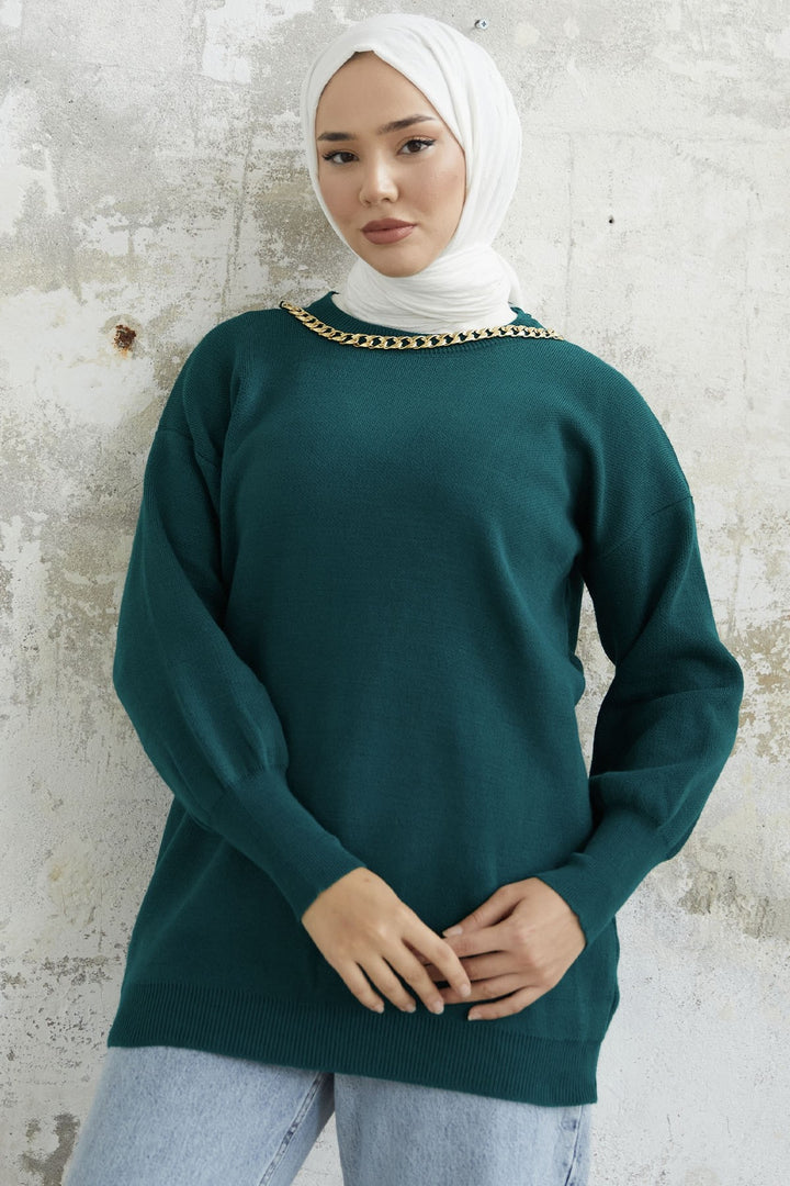 MDS Women Green Chain Detailed Knit Sweater - Emerald Green - Limerick