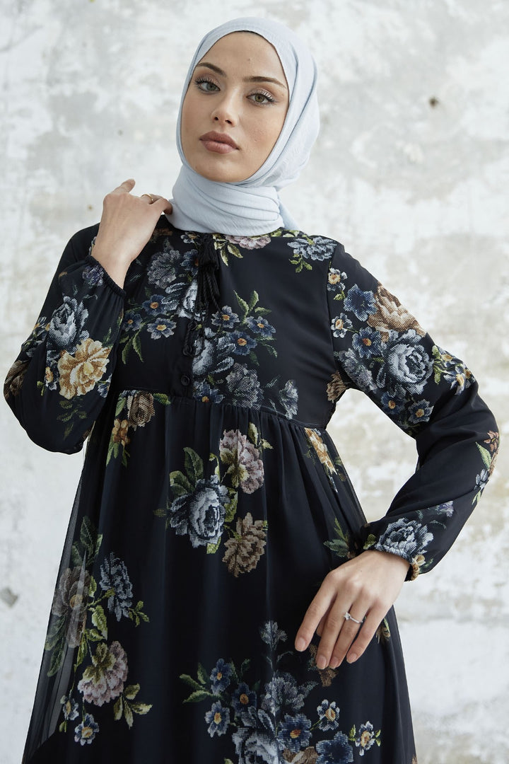 MDS Women Lace-Up Floral Chiffon Dress - Black - Towson