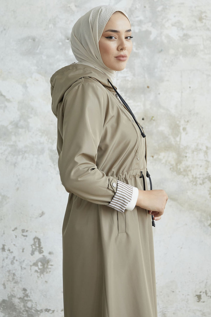 MDS Women Checked Striped Pattern Long Trench Coat - Beige - Middletown