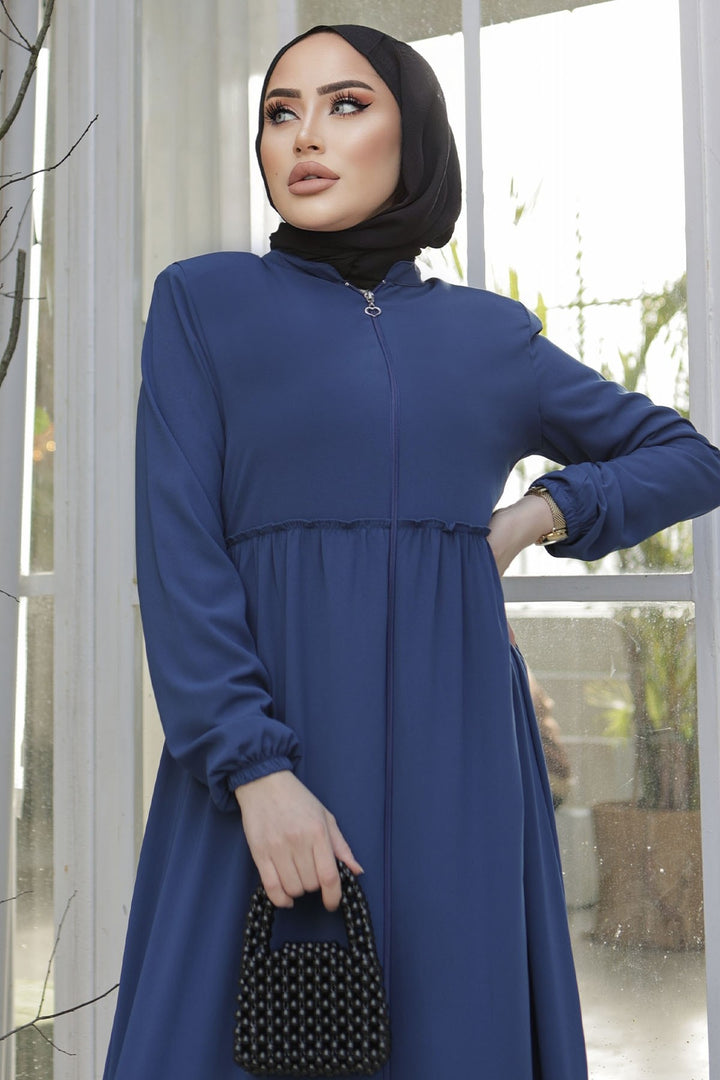 MDS Women Pleated Detail Zippered Abaya - Indigo - West Seneca