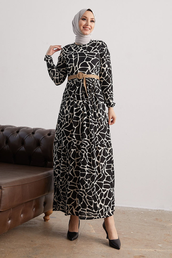 MDS Women Else Stone Patterned Straw Belted Dress - Black - St. Cloud