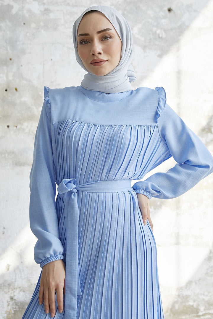MDS Women Ruffle Trim Linen Dress - Baby Blue - Fairfield