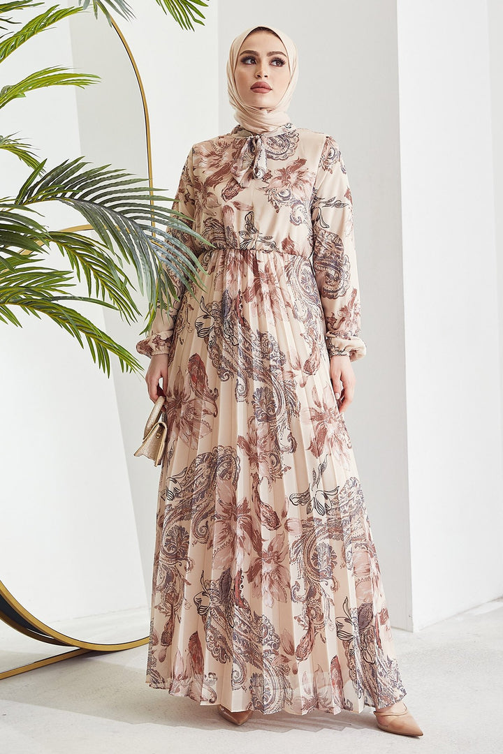 MDS Women Serena Flower Pattern Pleated Chiffon Dress - Beige - Jocotepec