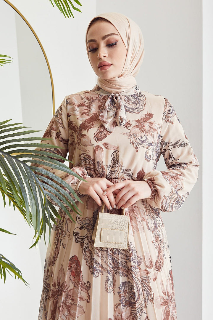 MDS Women Serena Flower Pattern Pleated Chiffon Dress - Beige - Jocotepec