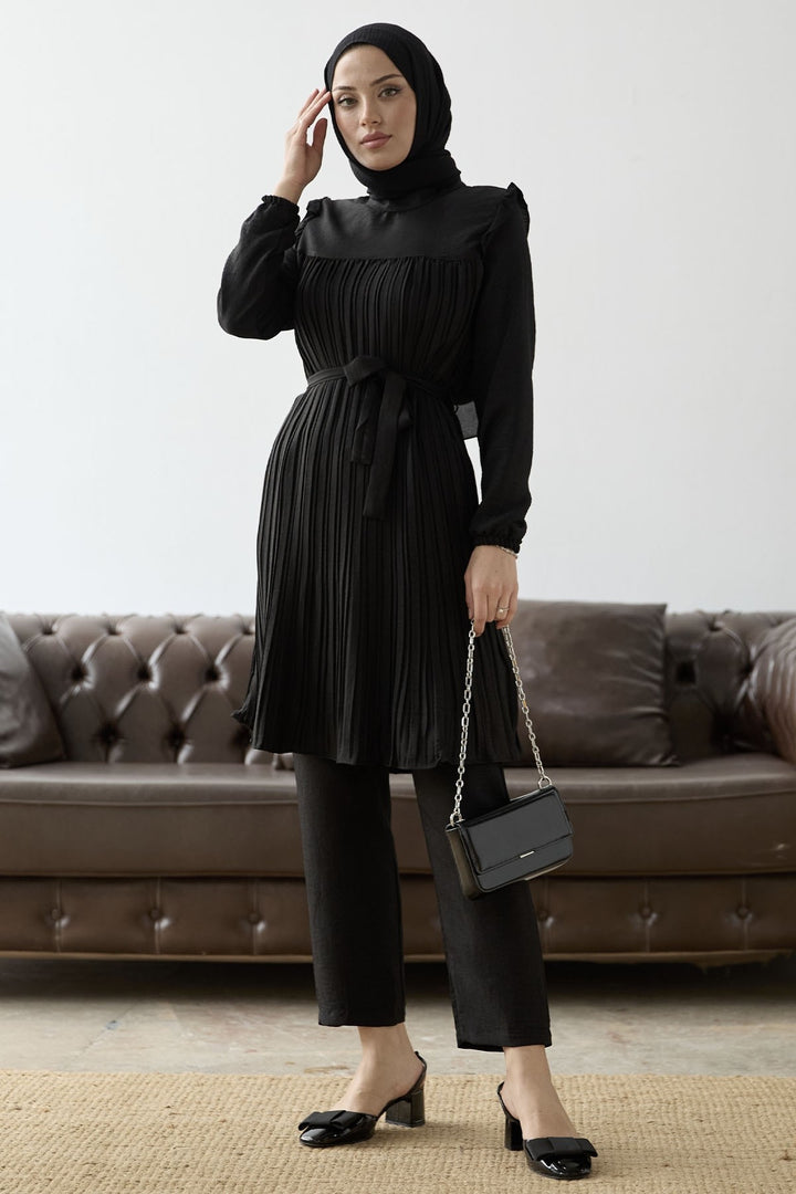 MDS Women Front Pleated Ruffle Detail Set - Black - Clichy