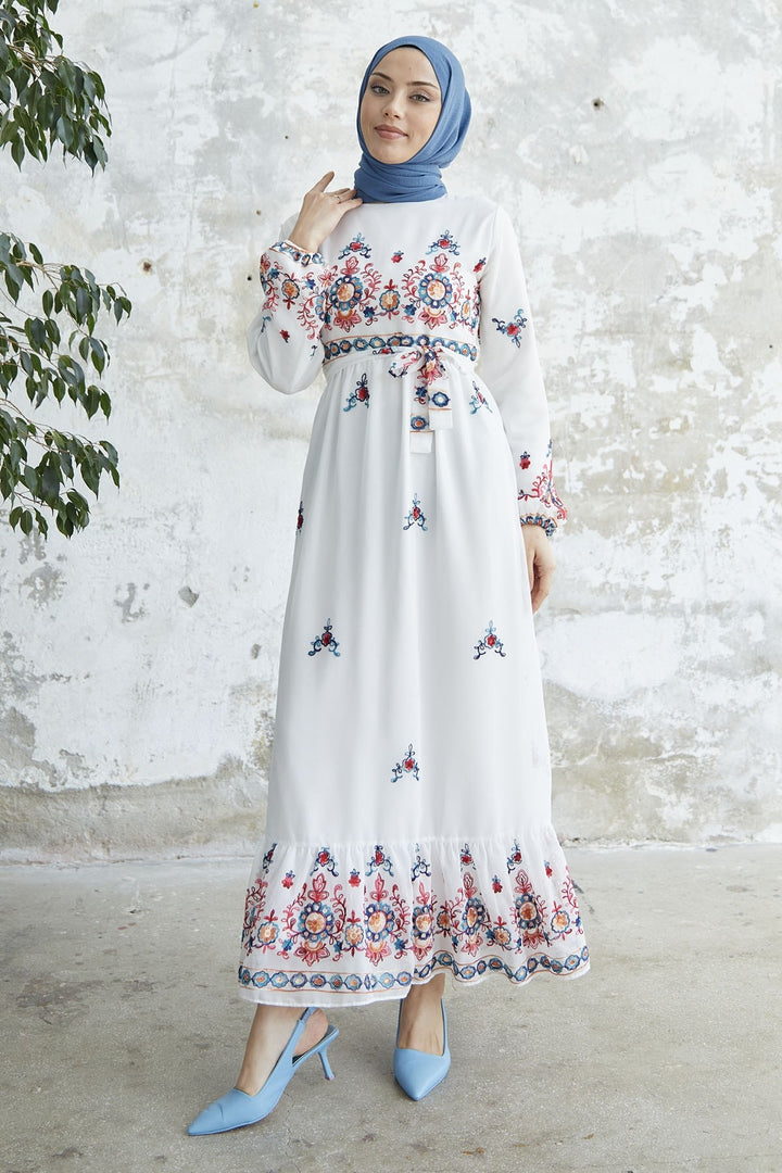 MDS Women Embroidered Skirt Frill Chiffon Dress - White - Tulsa