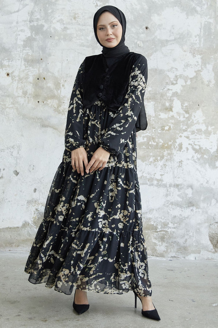 MDS Women Patterned Velvet Jacket Chiffon Dress - Black - Edmonds