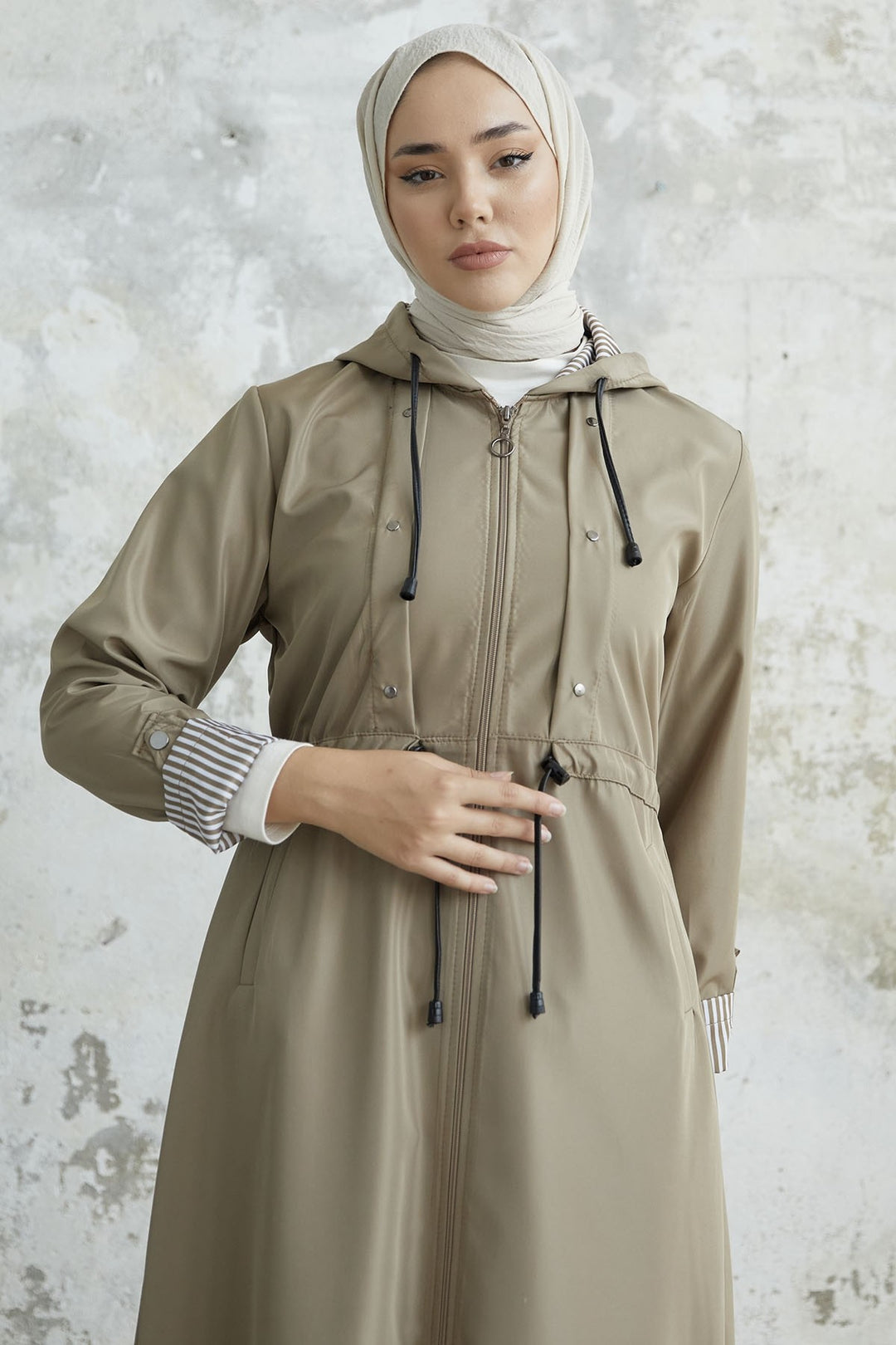 MDS Women Checked Striped Pattern Long Trench Coat - Beige - Middletown