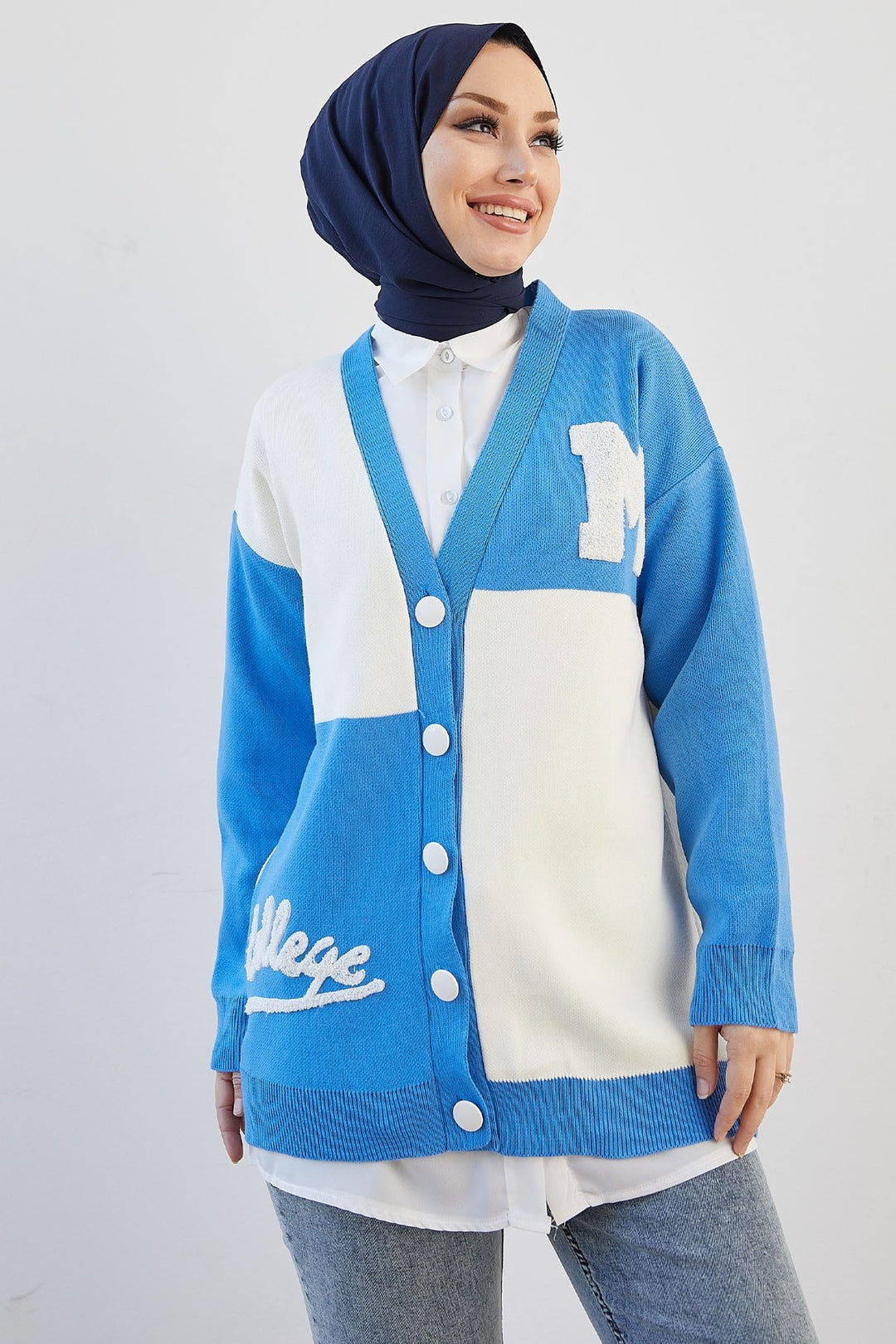 MDS Women M College Knit Cardigan - Blue - Perugia