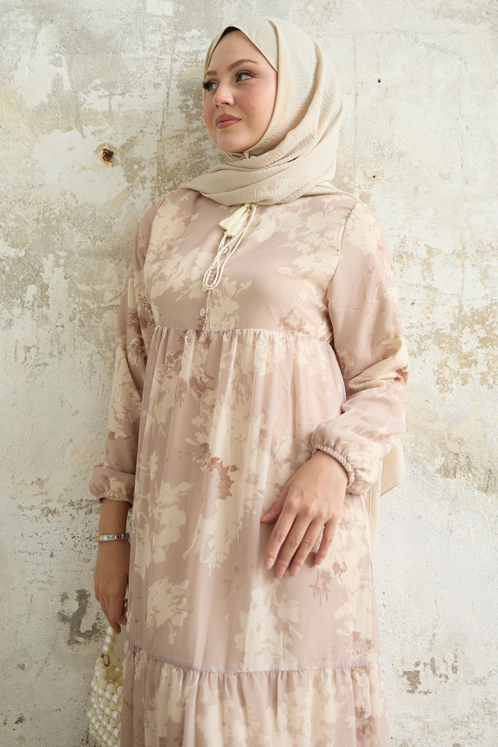 MDS Women Beige Chiffon Dress with Leaf Pattern and Tassels at the Front - Neunkirchen