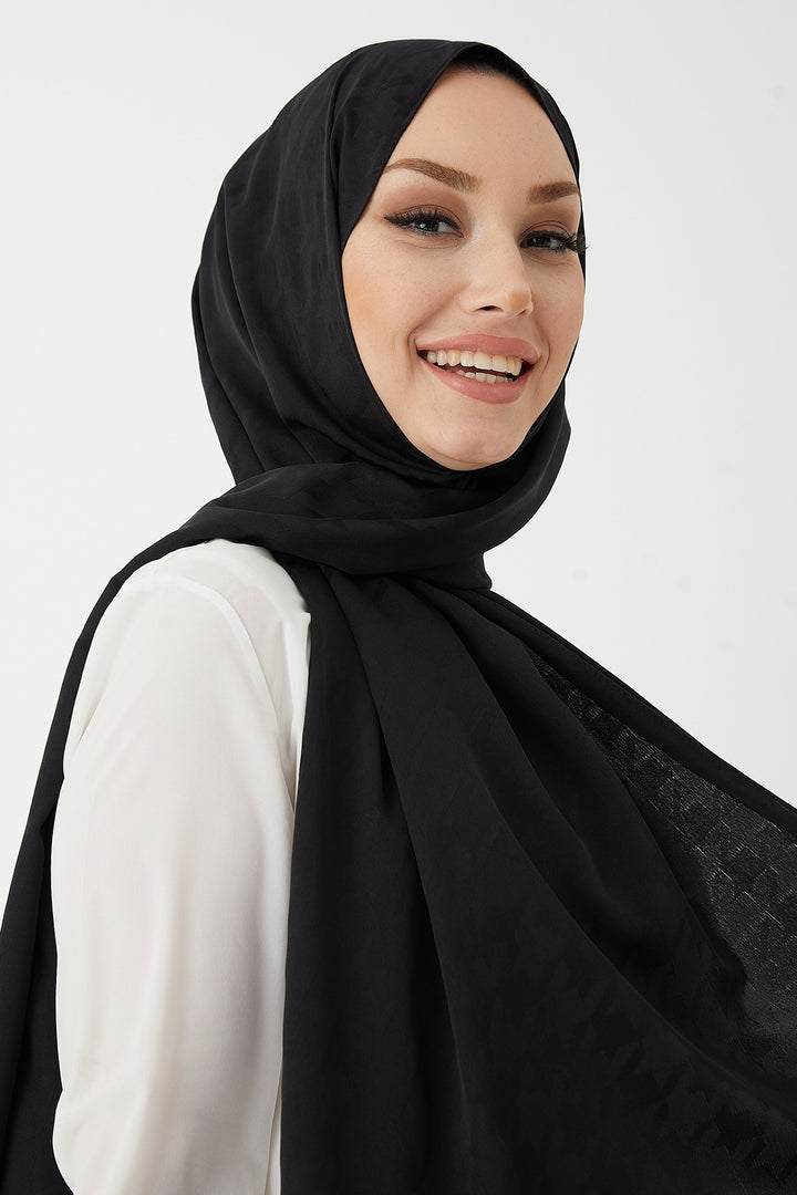 MDS Women Home Kazayağı Pattern Silky Jacquard Shawl - Black - Bergamo