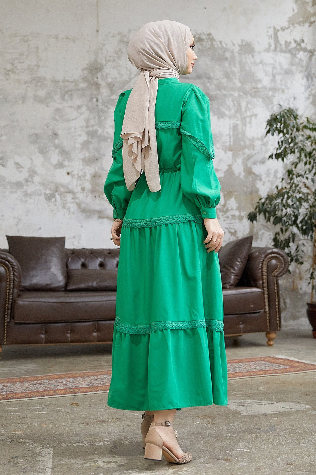 MDS Women Guipure Detail Balloon Sleeve Dress - Green - Chaïdári