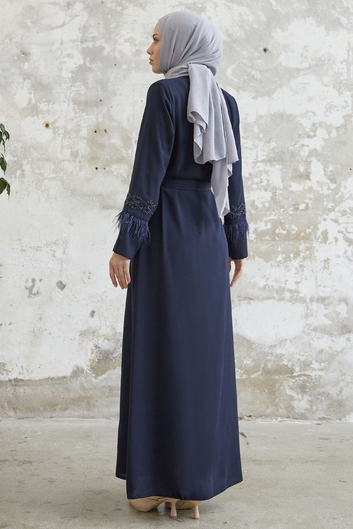 MDS Women Sleeve Tip Feather Detail Stoned Abaya - Navy Blue - Massy