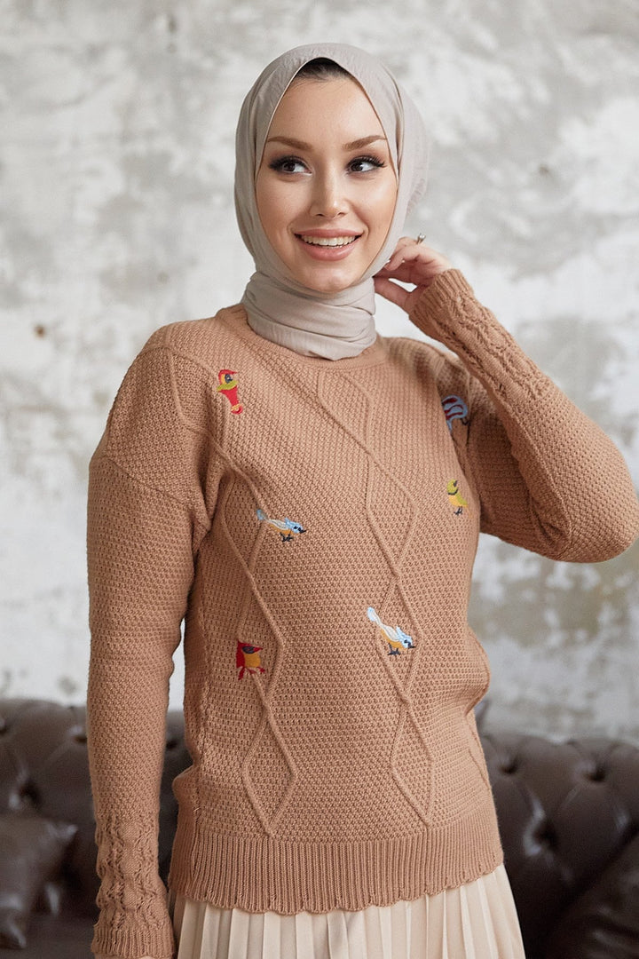 MDS Women Minsa Bird Pattern Embroidered Knit Sweater - Camel - Seixal