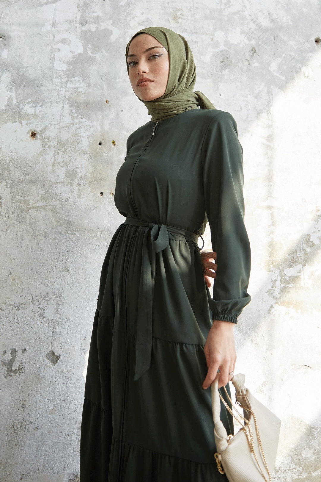 MDS Women Pleated Hem Belted Abaya - Khaki - Solingen