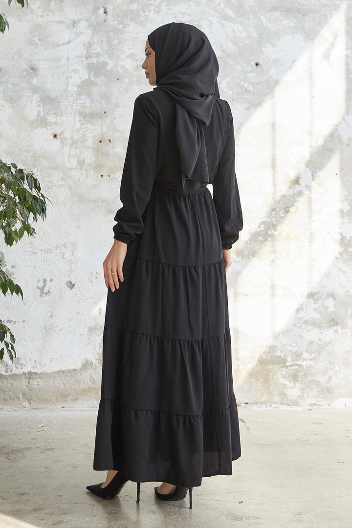 MDS Women Gathered Waist Ruffle Abaya - Black - Mexicali