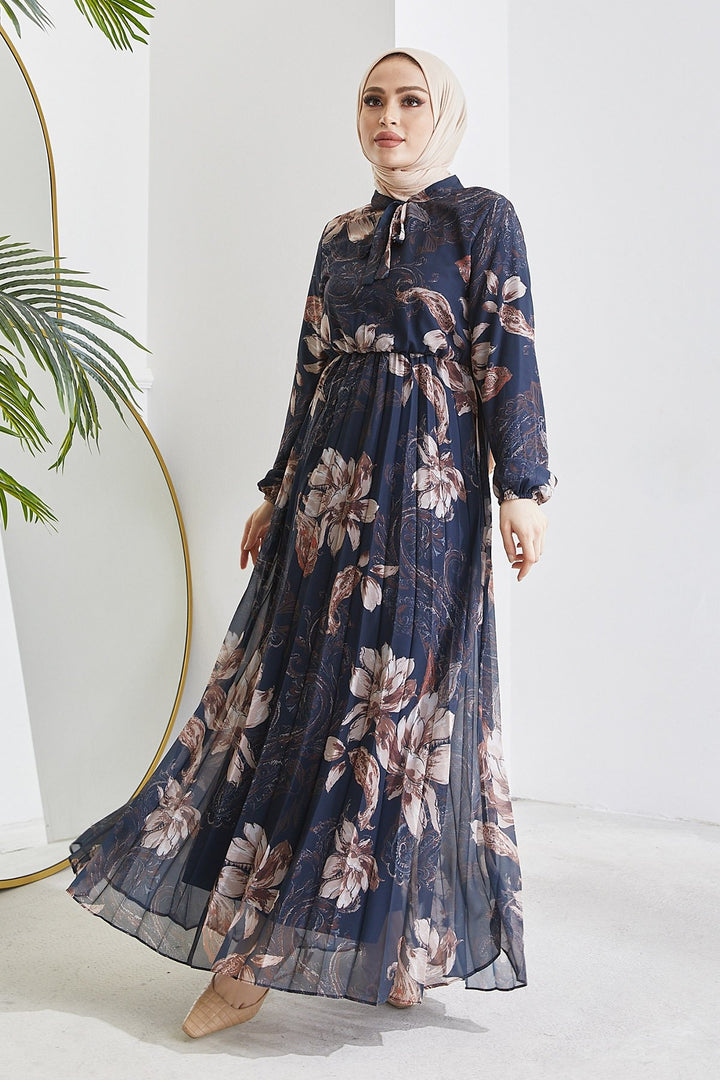 MDS Women Serena Flower Pattern Pleated Chiffon Dress - Navy Blue - Recklinghausen