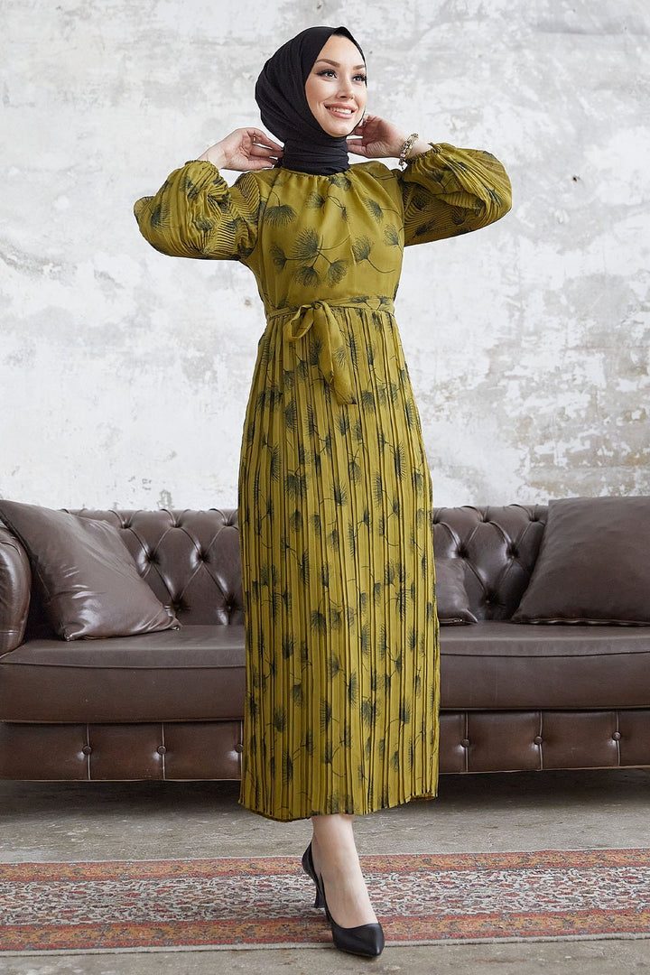 MDS Women Pale Sea Green Leaf Patterned Chiffon Dress - Olive Green - Bolingbrook